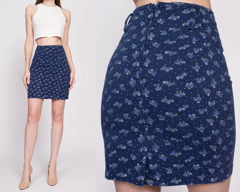 90s Blue Floral Mini Pencil Skirt - Extra Small, 24.5" silk skirt lustrous