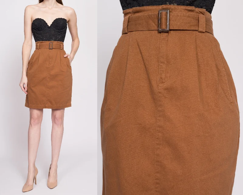 90s Paper Bag Waist Belted Mini Skirt - Small ribbed skirt waist