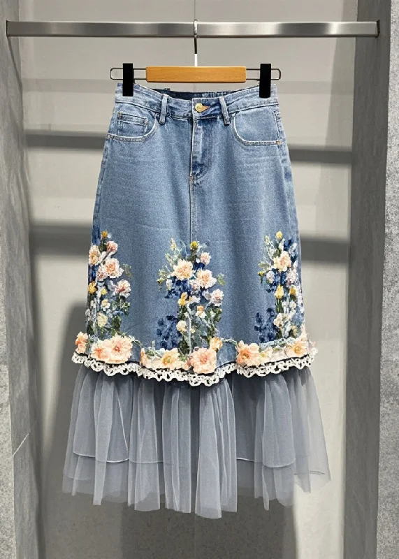 Beautiful Blue Flower Patchwork Tulle Denim Skirts Fall wool skirt sturdy