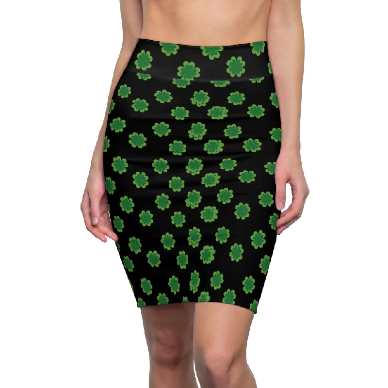 Green Clover Leaf Pencil Skirt, Black Irish Lucky St. Patrick's Day Women's Skirt- Made in USA slim fit skirt