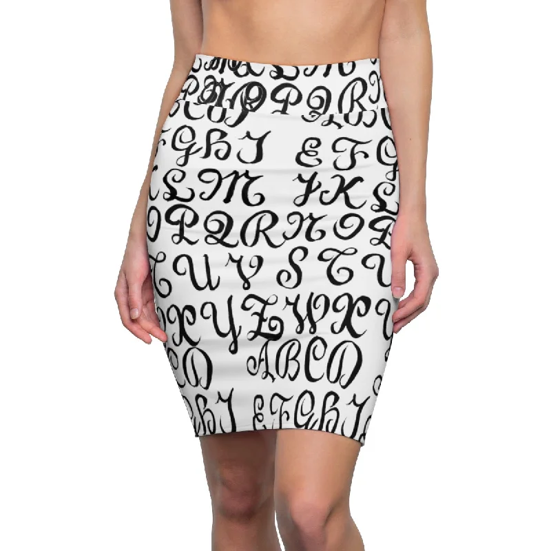 White Alphabet Pencil Skirts, Black Calligraphy Women's Designer Pencil Skirt-Made in USA lace skirt feminine