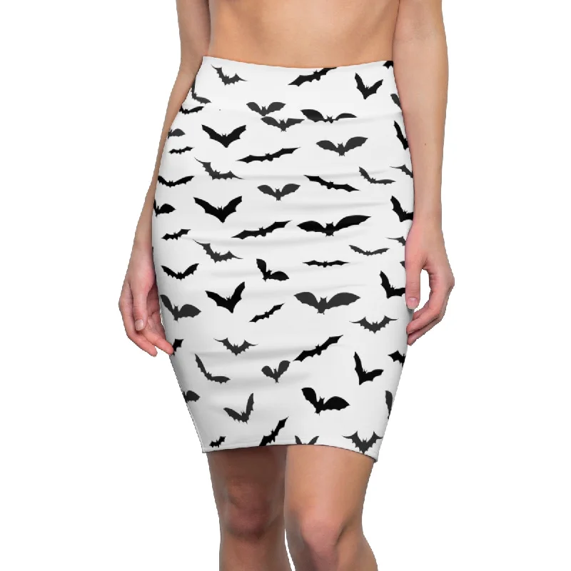 Bats Print Women's Pencil Skirt, Black White Festive Halloween Skirt- Made in USA(Size: XS-2XL) silk skirt lustrous