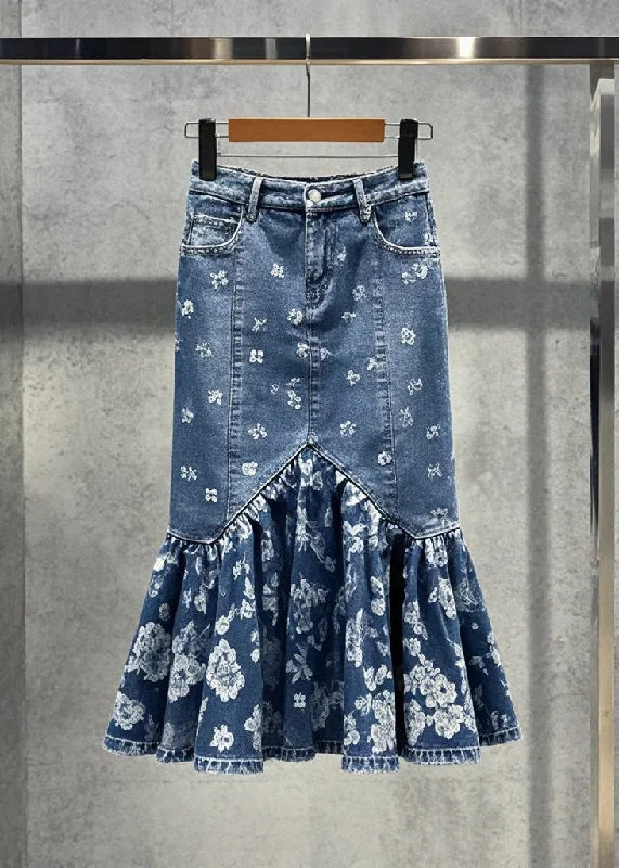 Boho Blue Print Silm Fit Denim Wraped Skirts Fall pleated skirt texture