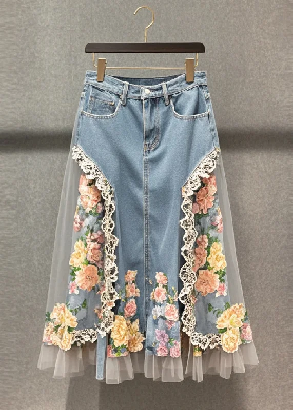 Boutique Light Blue Tulle Patchwork Flower Denim Skirts Fall mini skirt trendy