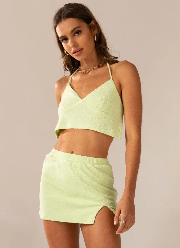 Changing Seasons Terry Mini Skirt - Lime Green flowy skirt hem