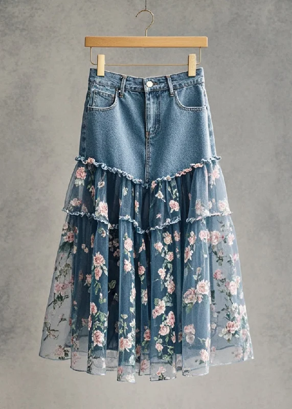 Chic Pink Flower Print Patchwork Tulle Denim Skirt Fall chiffon skirt flowing