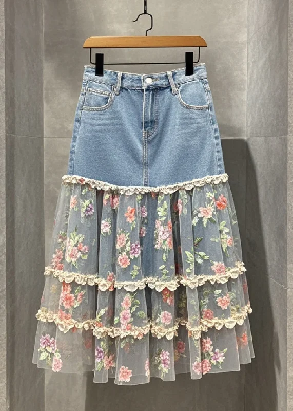 Fine Denim Blue Patchwork Tulle Print Holiday Skirts Fall cotton skirt soft