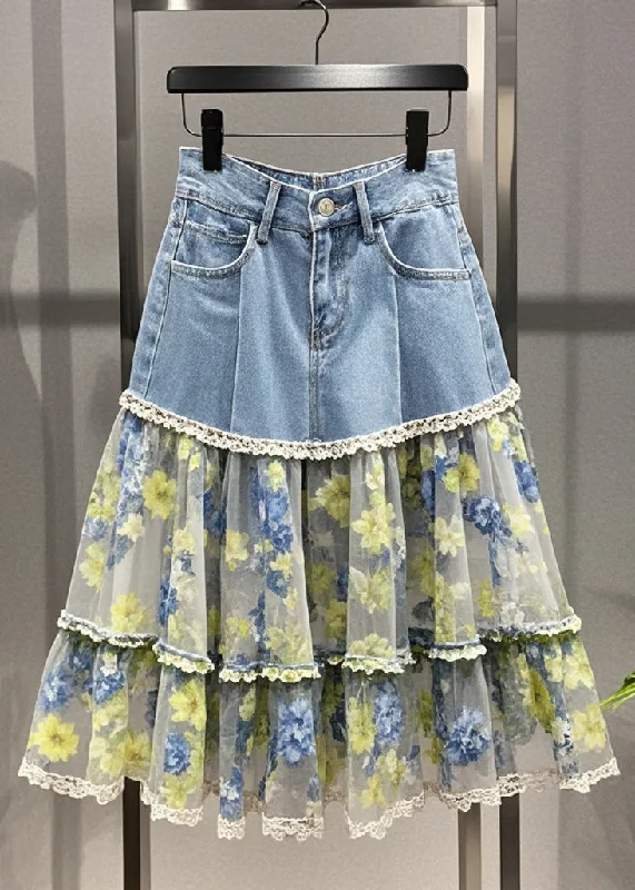 Fitted Light Blue Print Patchwork Tulle Denim Skirt Summer slim fit skirt