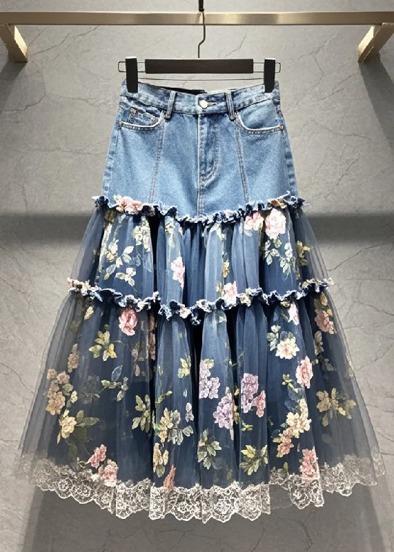 French Ruffled Patchwork Print Tulle Denim Skirt Fall wrap skirt elegant