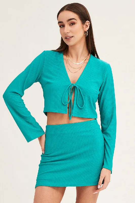 Green Textured A Line Mini Skirt modal blend skirt