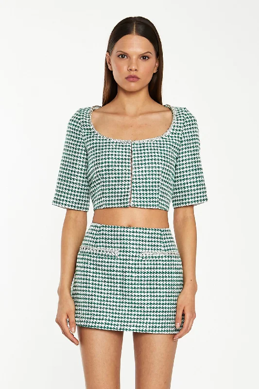 Green-White Houndstooth Diamante Trim Mini-Skirt denim skirt durable