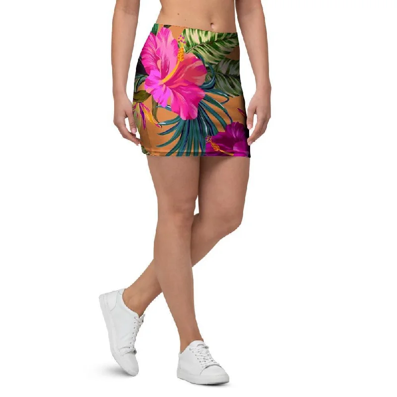 Hibiscus Flower Hawaiian Yellow Print Mini Skirt pleated skirt texture