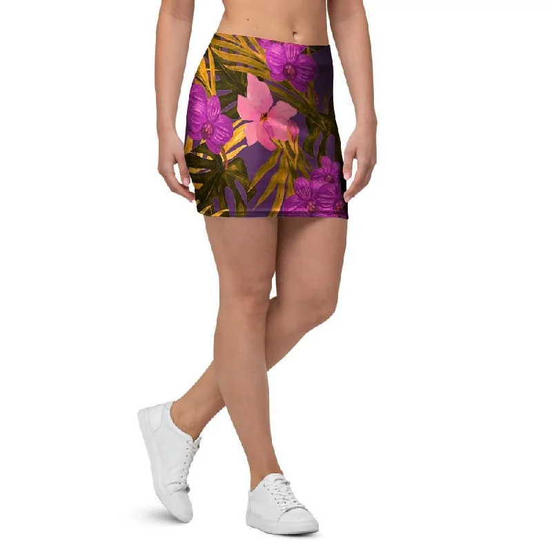 Hibiscus Watercolor Flower Hawaiian Print Mini Skirt chiffon skirt lightweight