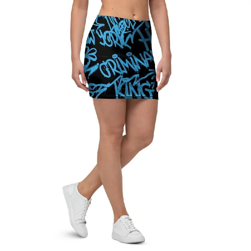 Hiphop Graffiti Blue Text Print Mini Skirt low waist skirt