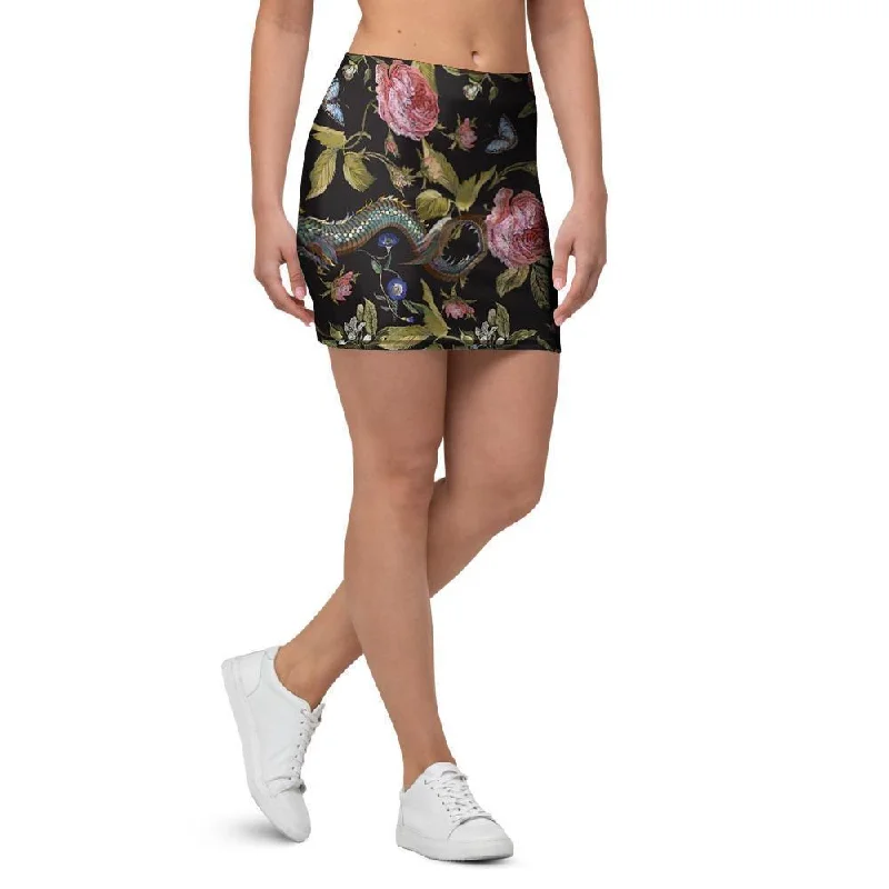 Janpanese Floral Dragon Print Mini Skirt lace skirt feminine