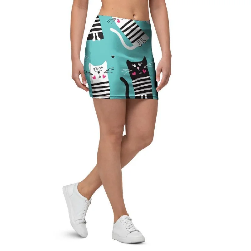 Love Turquoise Cat Print Mini Skirt leather skirt modern