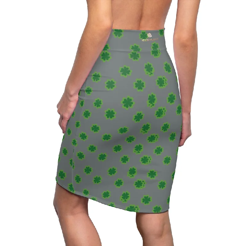 Medium Gray Clover Pencil Skirt, Green Clover Leaf Print St. Patrick's Day Women's Pencil Skirt- Made in USA ribbed skirt waist