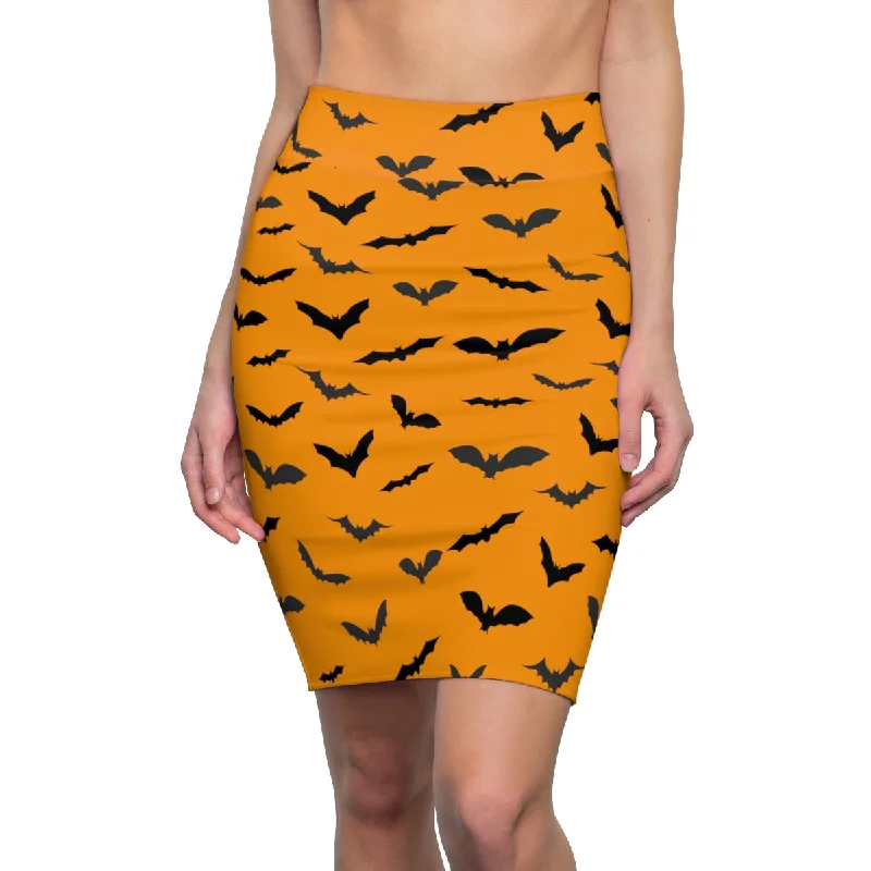 Orange Black Bats Pencil Skirt, Halloween Bats Print Women's Pencil Skirt- Made in USA (Size: XS-2XL) floral skirt print