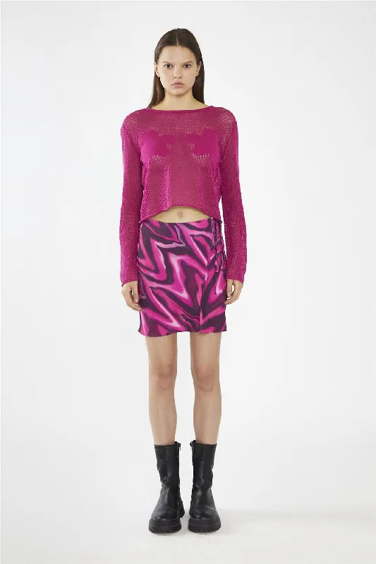 Pink Multi-Blurred Wave Wrap Mini-Skirt pleated skirt texture