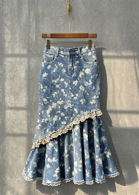 Silm Fit Blue Print Patchwork Denim Wraped Skirt Fall silk skirt smooth