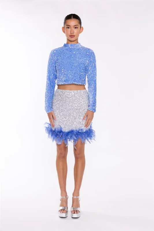 Silver-Sequin Blue Feather-Hem Mini-Skirt silk skirt luxurious