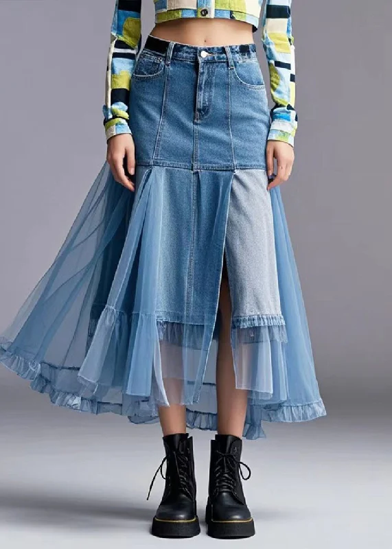 Stylish Blue Asymmetrical Patchwork Tulle Denim Skirt Spring belted skirt waist