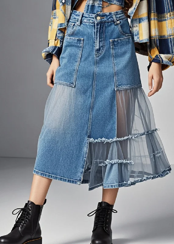 Stylish Blue Asymmetrical Tulle Patchwork Pockets Denim Skirts Spring patchwork skirt art