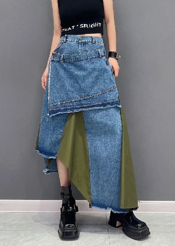 Stylish Green Asymmetrical Patchwork Denim Skirt Summer linen skirt airy