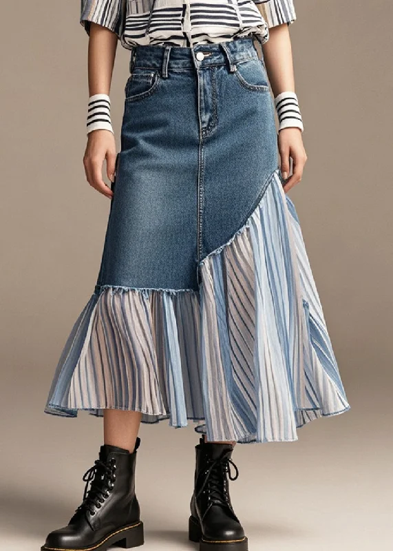 Stylish Navy Asymmetrical Patchwork Denim Pleated Skirt Spring velvet skirt rich