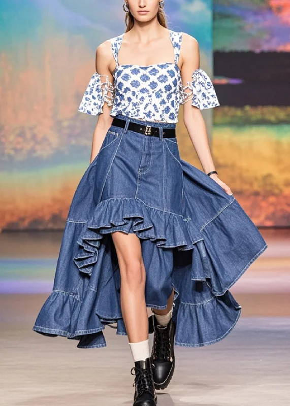 Stylish Navy Asymmetrical Patchwork Ruffles Denim Skirts Spring leather skirt refined