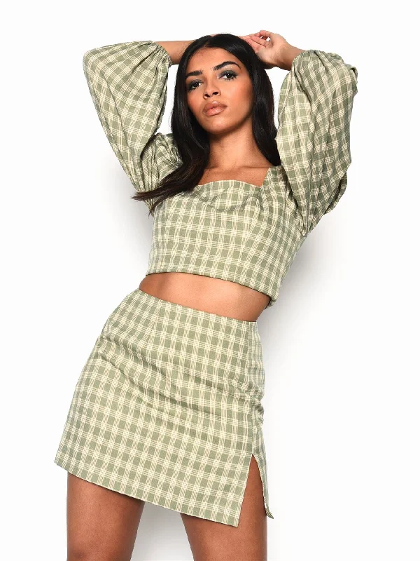 Turquoise Multi Check Side Split Mini Skirt denim skirt stylish