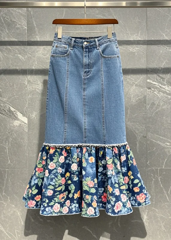 Women Blue Patchwork Print Denim Wraped Skirt Fall high waist skirt