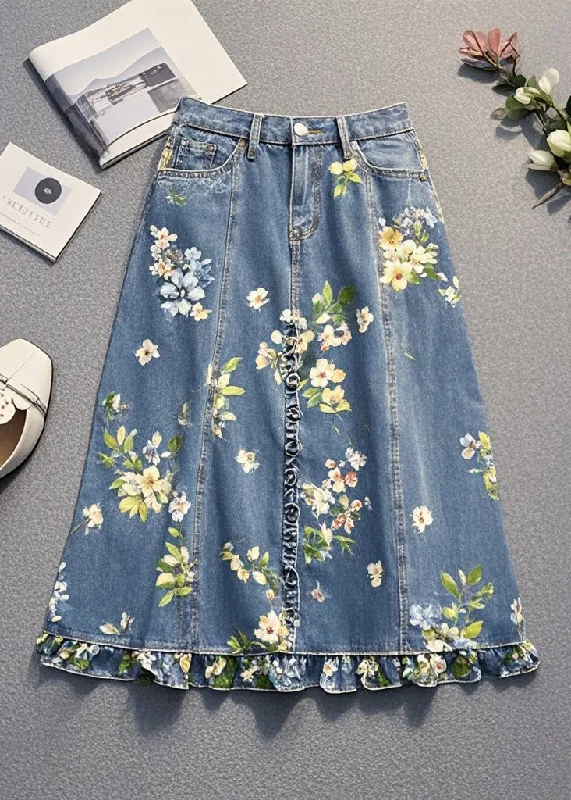 Women Blue Ruffled Print Denim Skirt Fall silk skirt elegant