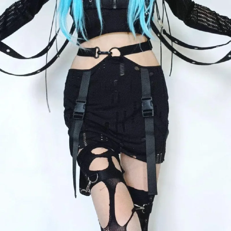 Women's Grunge Buckle Ripped Skirt high waist skirt