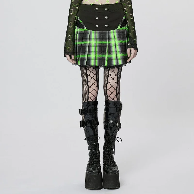 Women's Grunge Double Color Plaid Pleated Skirt wool skirt breathable